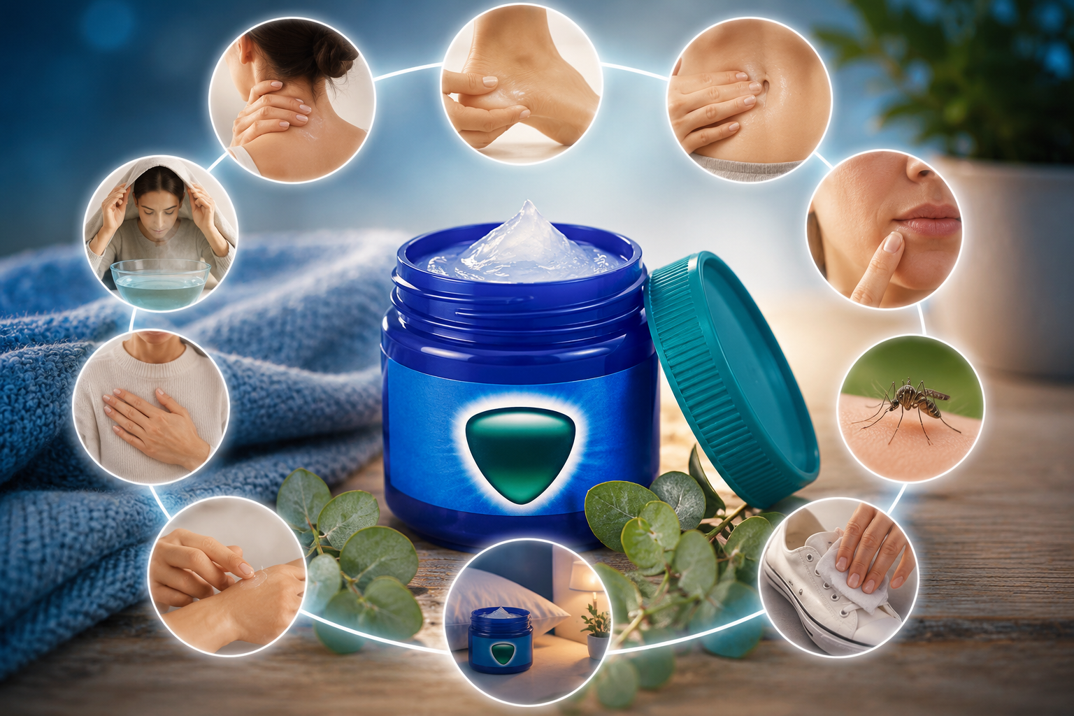 Pote de pomada inspirado no Vick Vaporub cercado por ilustrações de usos alternativos, como alívio muscular, cuidados com a pele e aromaterapia, em cenário aconchegante com tons azulados.