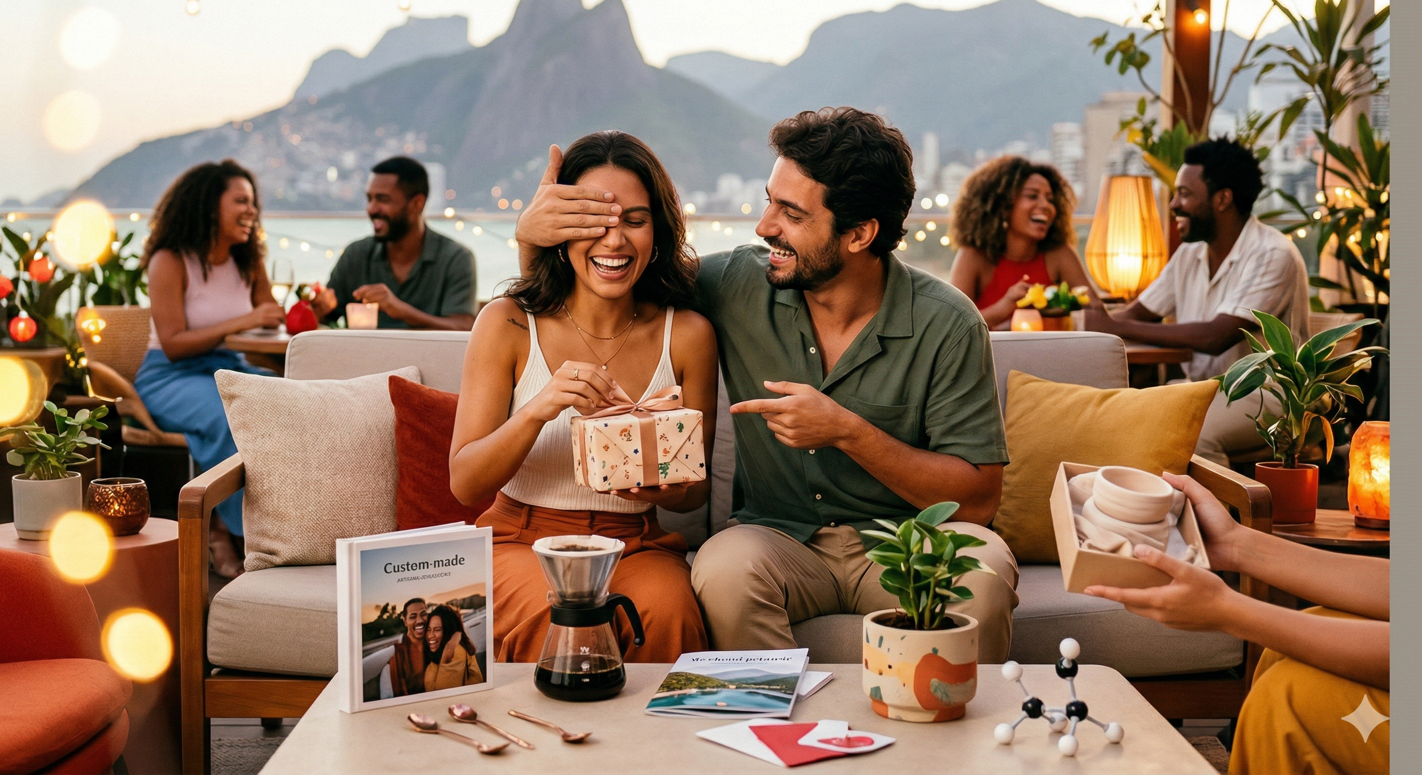 Casal sorridente celebra o Dia dos Namorados em um rooftop no Rio de Janeiro durante o pôr do sol, trocando presentes.