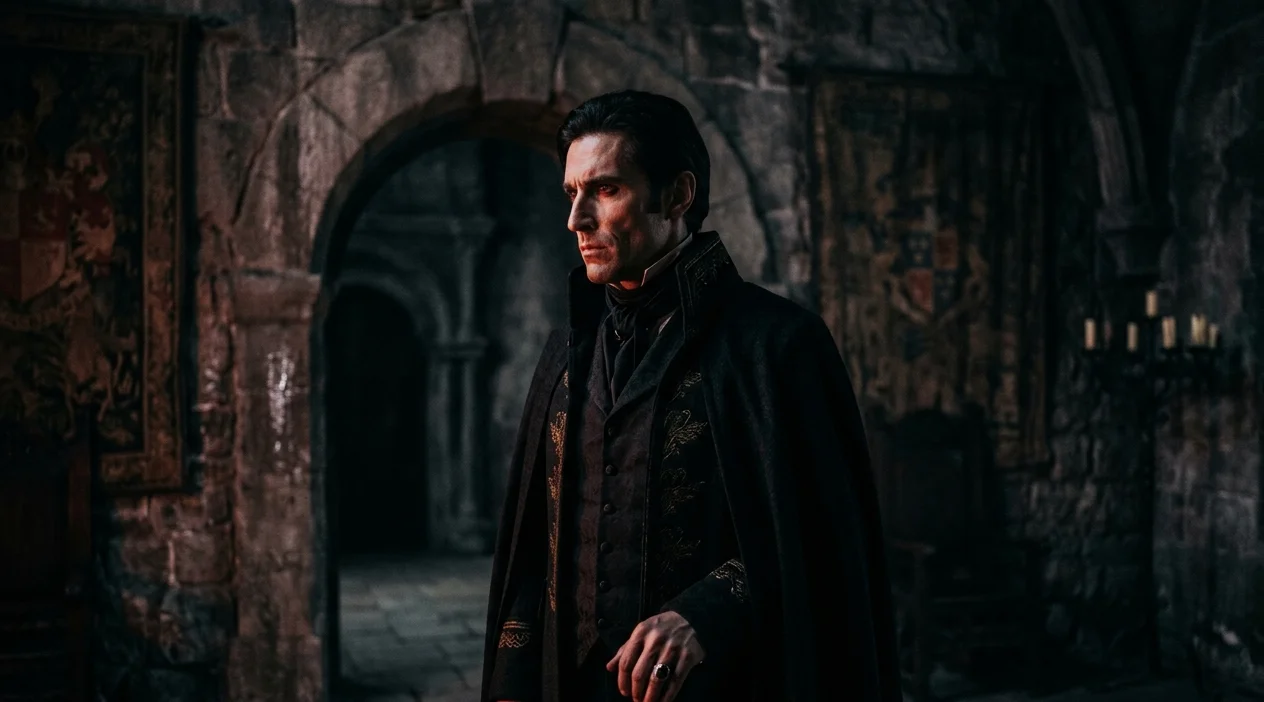 Pintura dramática em luz e sombra de nobre antigo, ilustrando a origem dos vampiros da vida real em ambiente gótico.