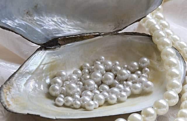 An open oyster and pearls on satin