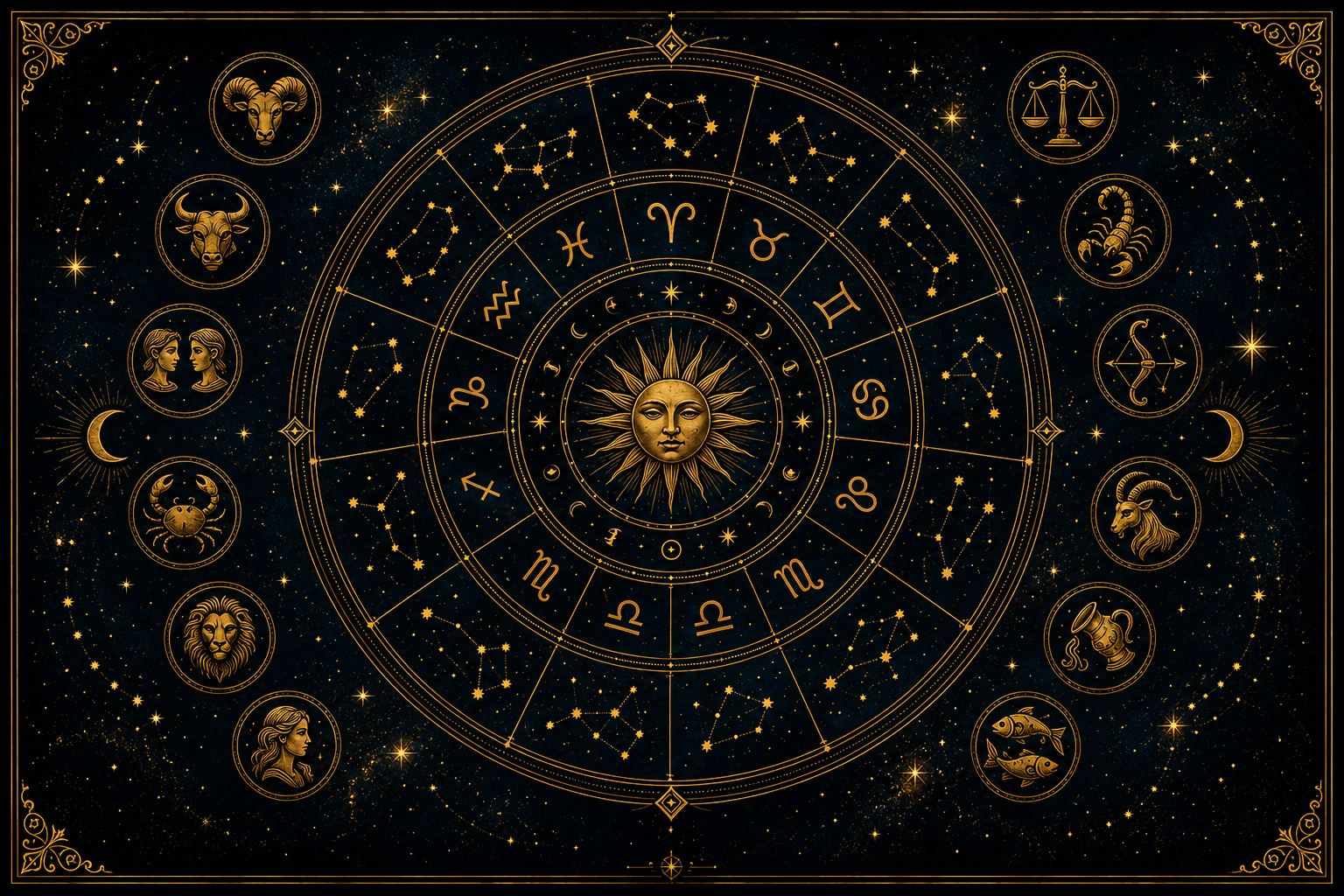 Mandala astrológica dourada sobre fundo escuro, ilustrando as datas e características de cada signo do zodíaco de forma artística.