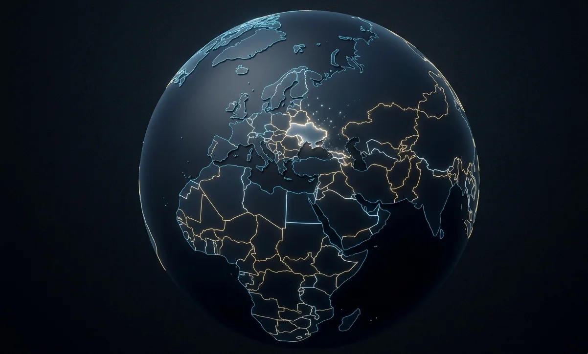 Globo terrestre escuro com linhas de fronteira brilhantes em destaque, ilustrando a dúvida sobre quantos países existem no mundo.