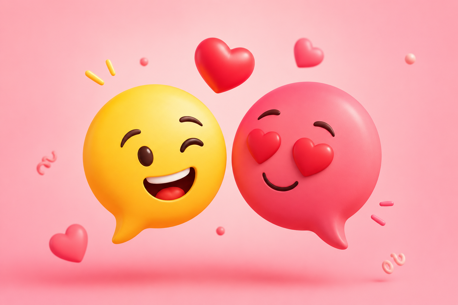 Ilustração 3D de dois balões de conversa com rostos divertidos e corações ao redor, em fundo rosa suave.