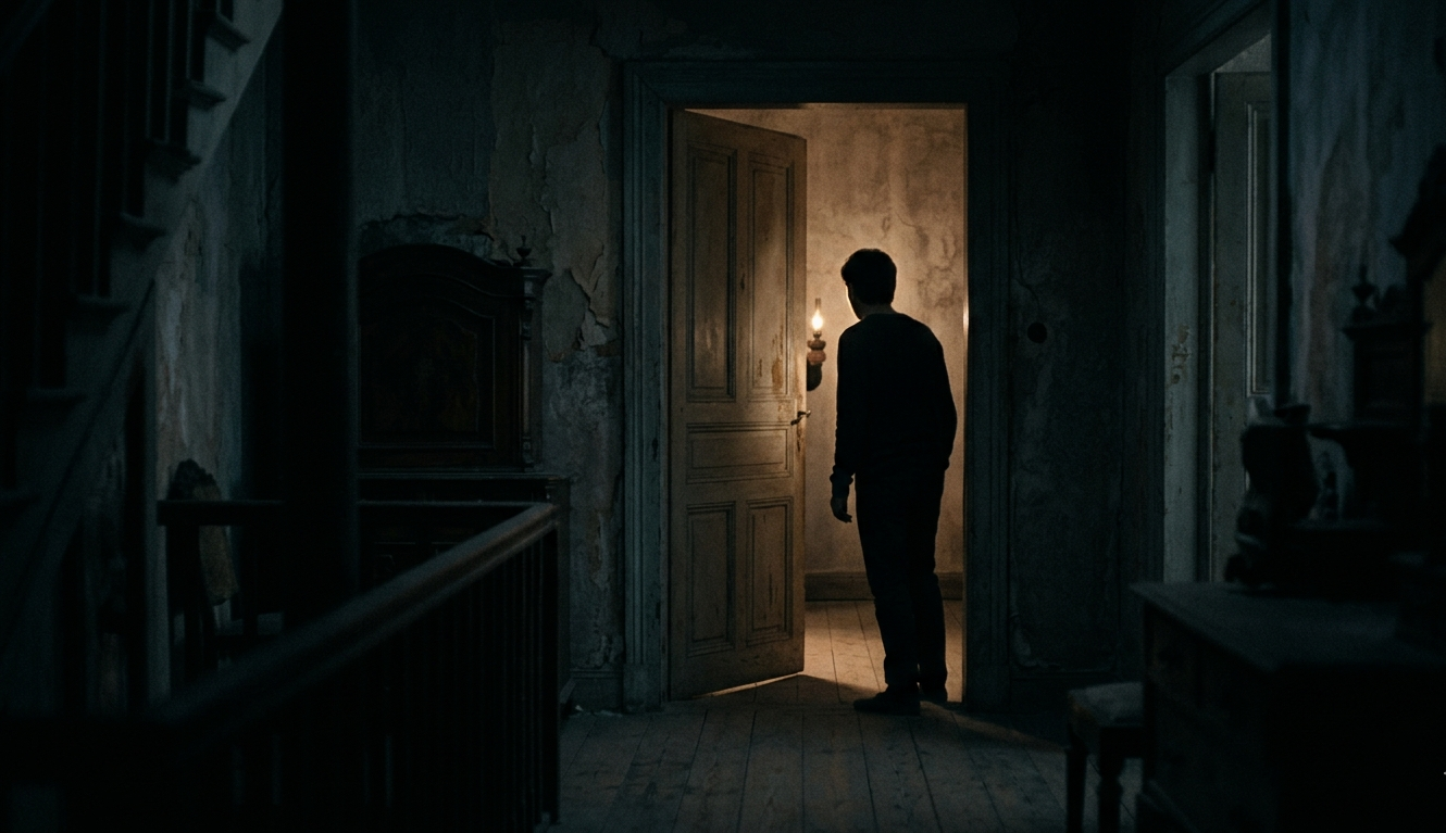 Silhueta sombria em um corredor escuro iluminado por uma luz fraca, ilustrando 40 histórias de terror e suspense.