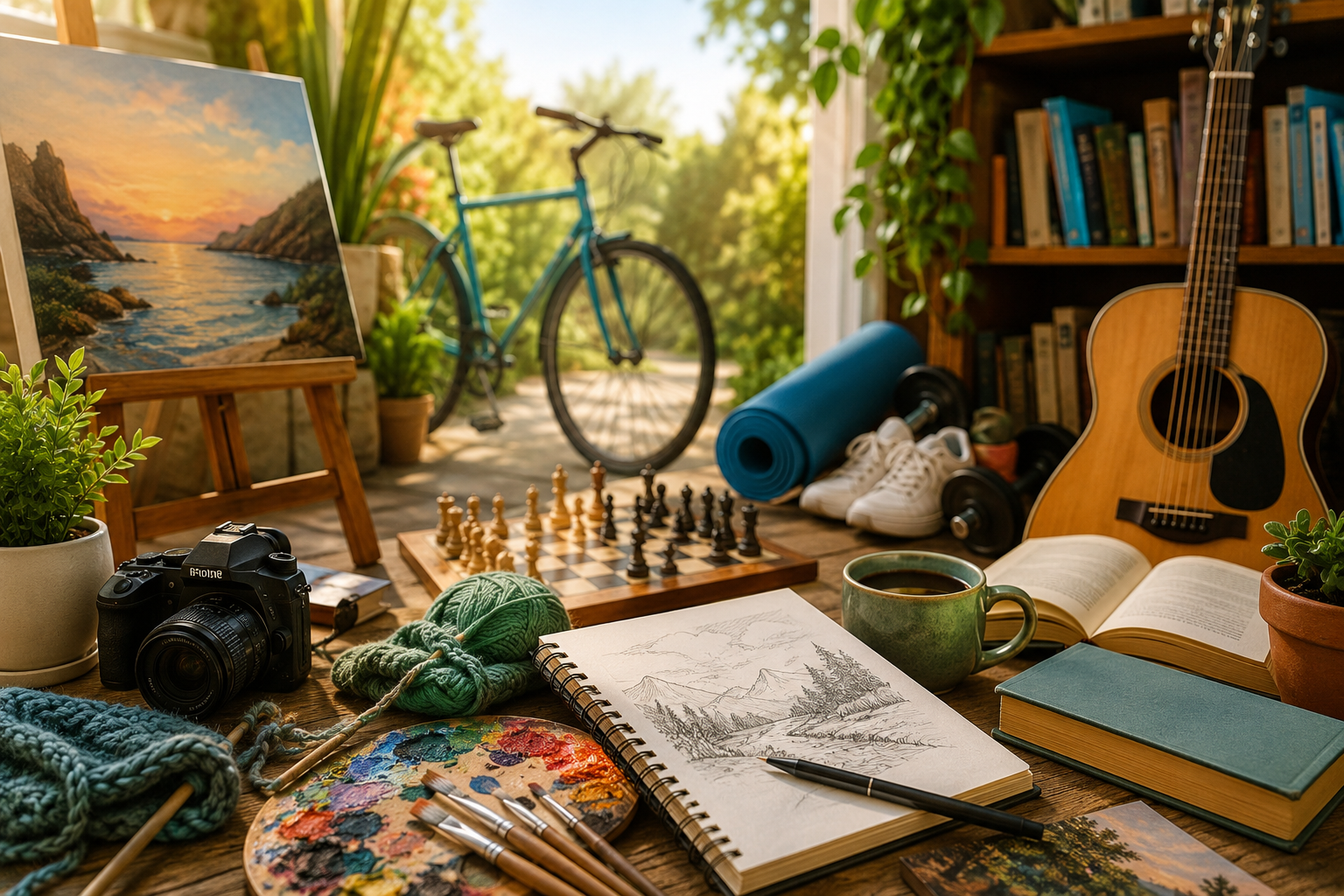 Cena aconchegante com diversos hobbies representados sobre uma mesa de madeira, incluindo pintura, tricô, fotografia, leitura, violão, xadrez e ciclismo, em um ambiente iluminado pela luz natural e cercado por plantas.