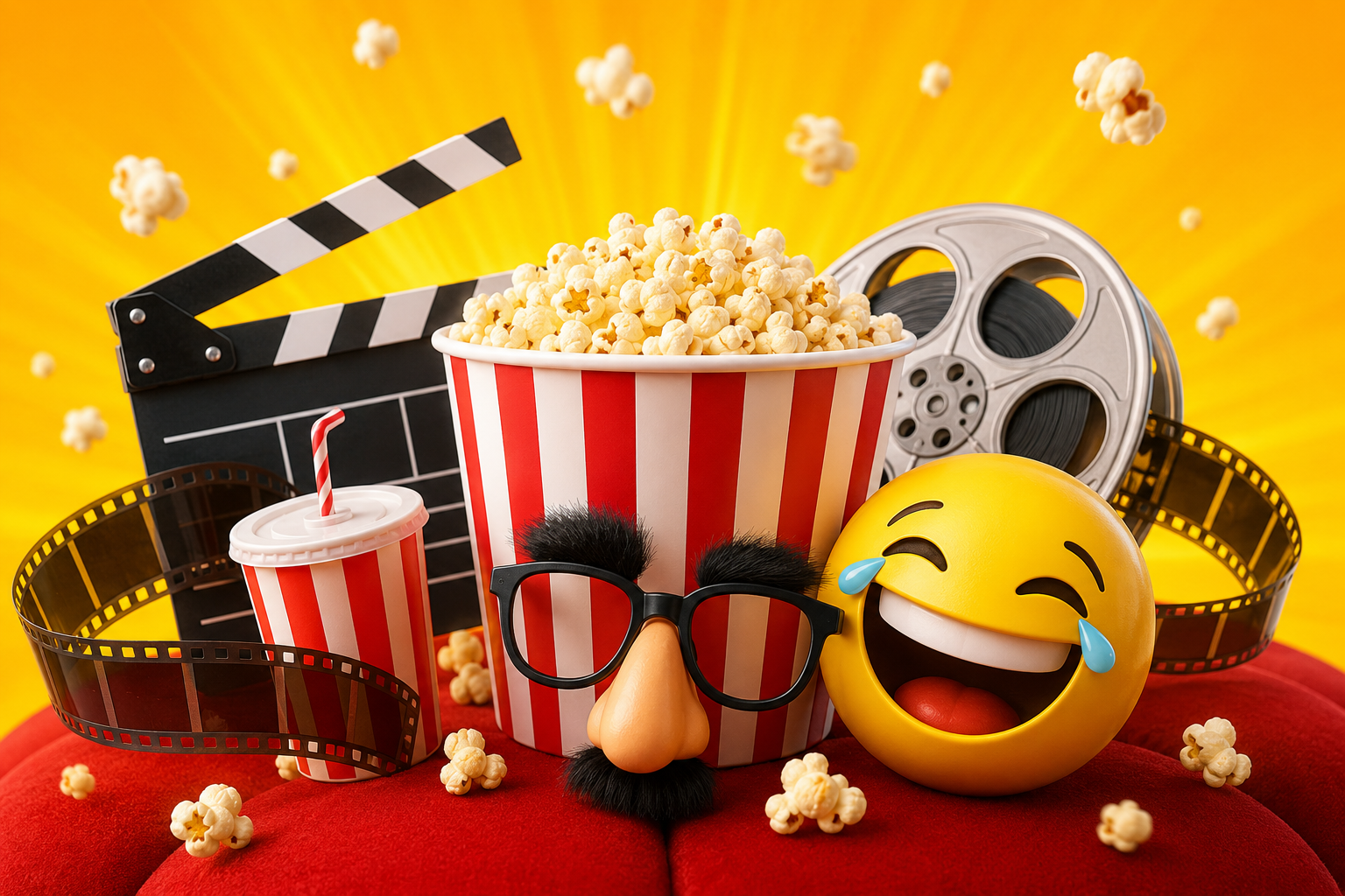 Ilustração divertida com pipoca, claquete de cinema, rolo de filme e emoji rindo sobre fundo amarelo vibrante.
