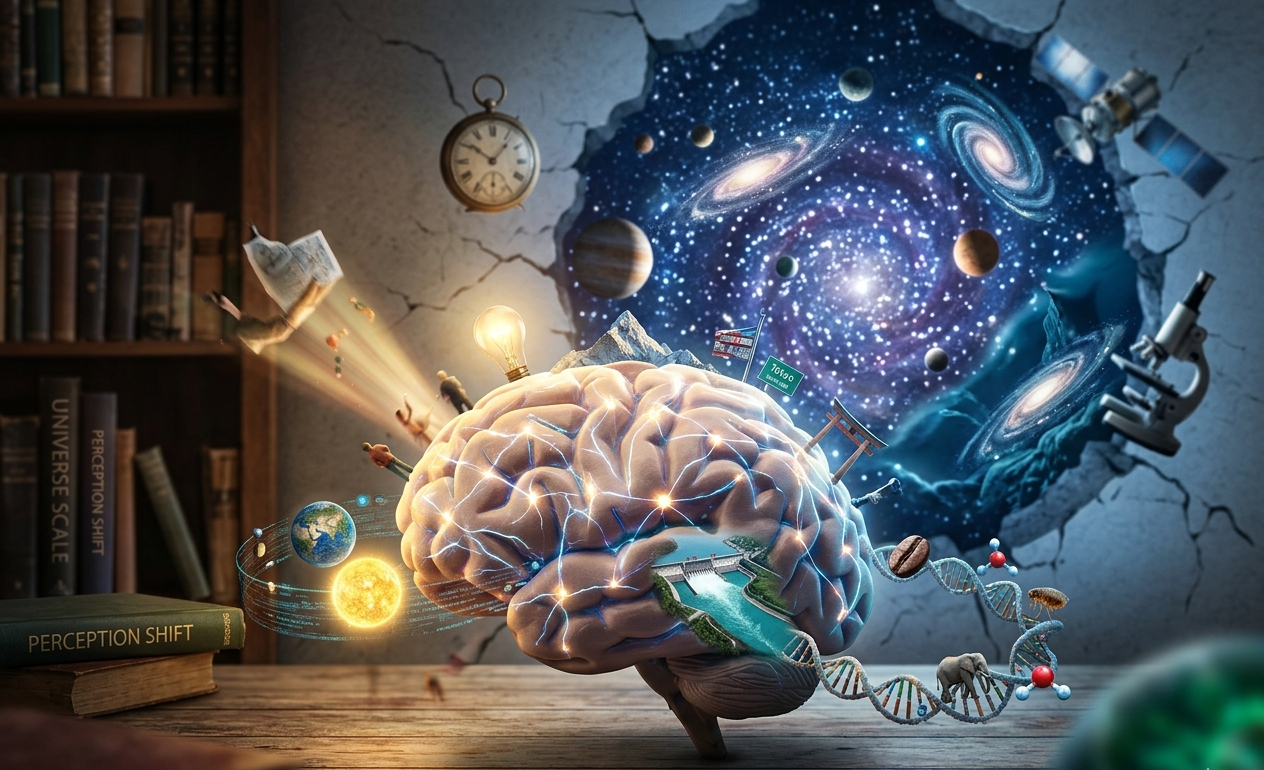 Uma ilustração de cérebro humano sobre uma mesa de madeira, de onde saem várias pequenas figuras que representam conceitos científicos, como um foguete, um telescópio, um átomo e um labirinto, misturando-se a elementos do universo que surgem através de um buraco na parede.
