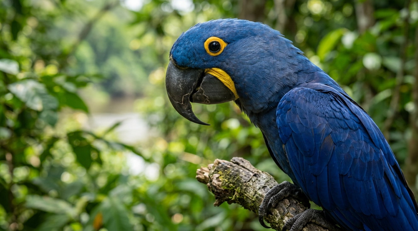 Close de arara-azul em perfil destacando plumagem azul vibrante e detalhes amarelos no bico sobre fundo verde.
