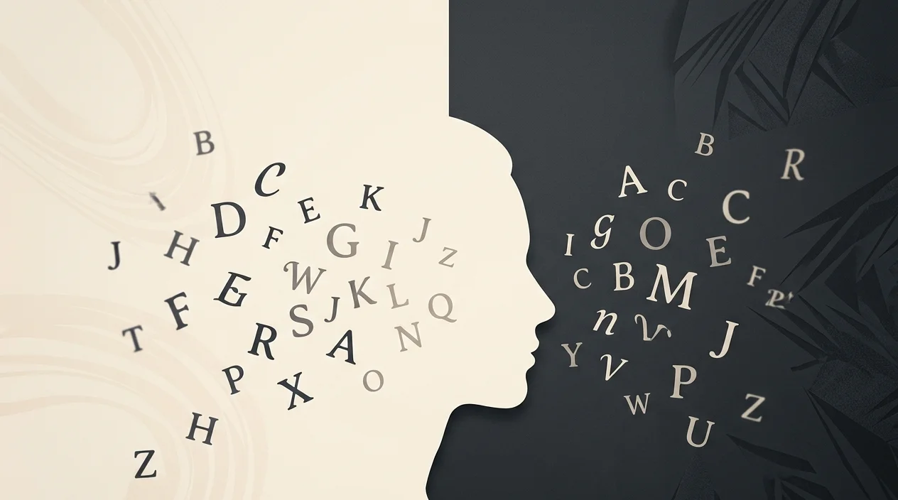 Gráfico minimalista dividindo cores claras e escuras com silhueta de perfil e letras, ilustrando defeitos e qualidades.