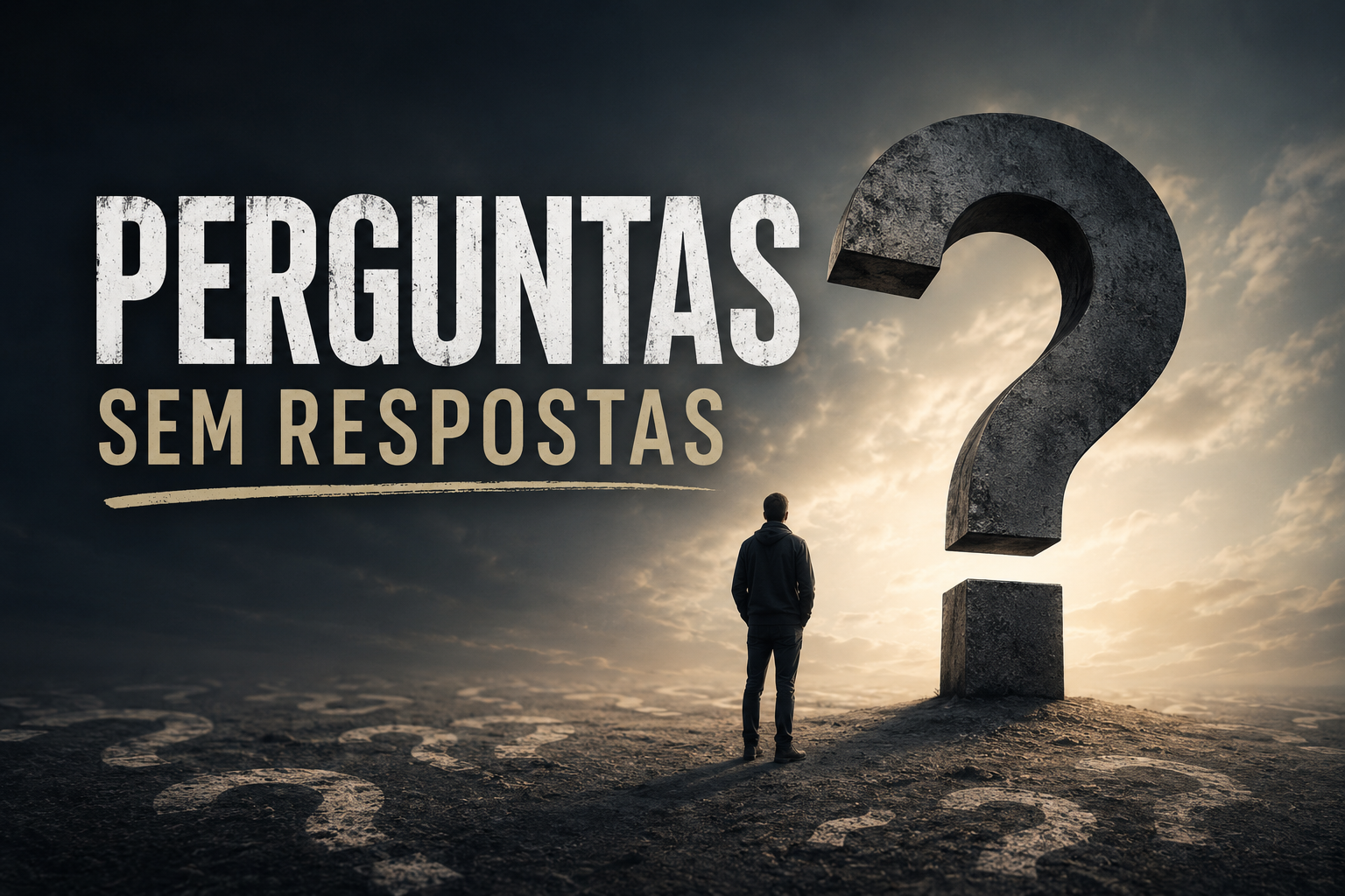 Pessoa observando um enorme ponto de interrogação em cenário escuro e misterioso.