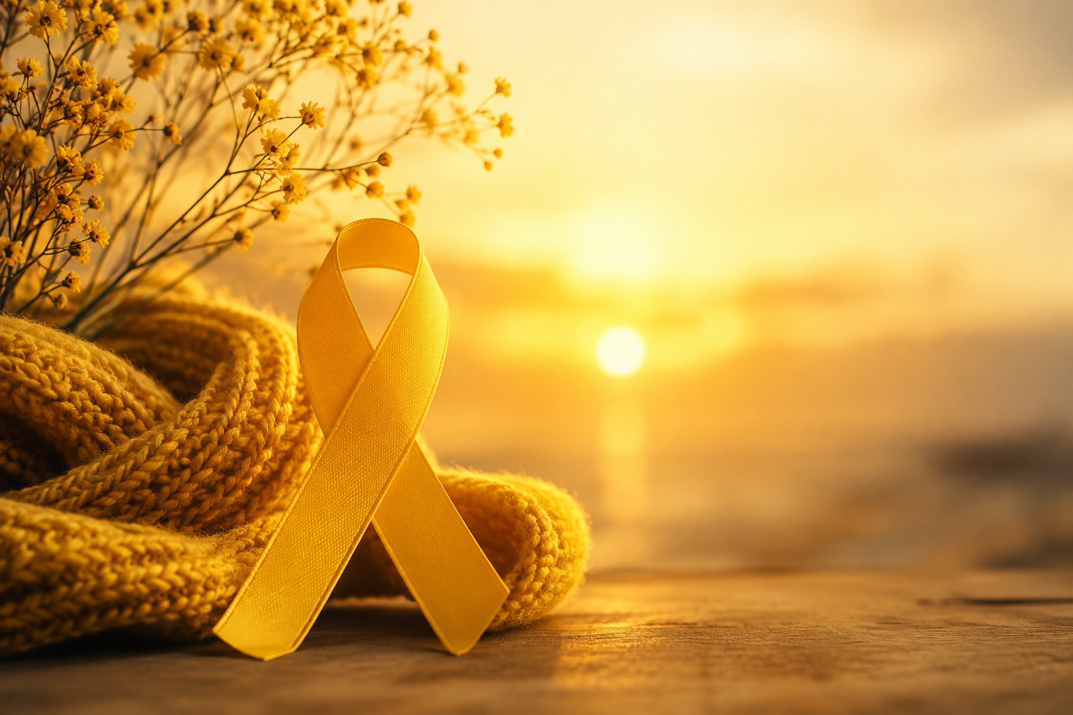Laço amarelo sobre tecido dourado diante de um pôr do sol.