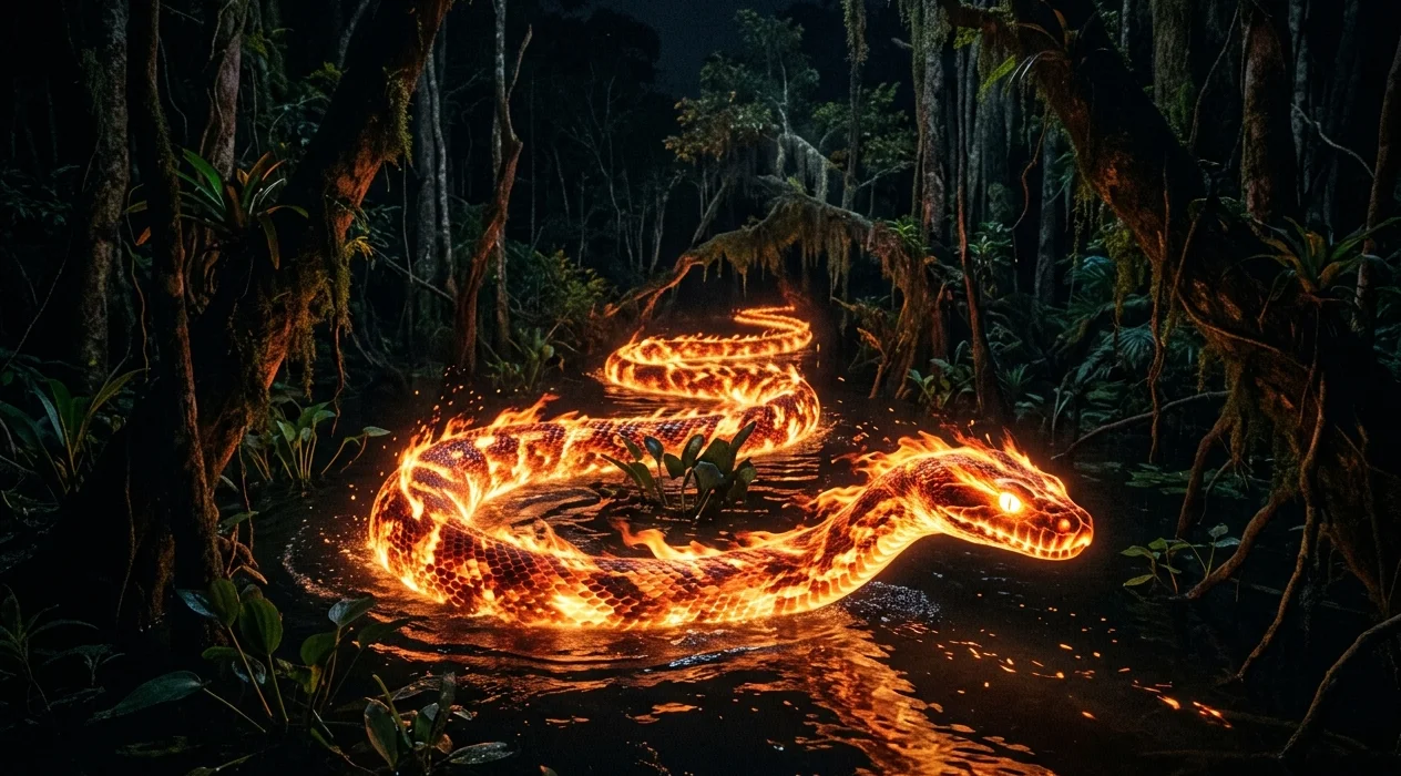 Ilustração do Boitatá, uma grande serpente feita de fogo e brasas reluzentes, serpenteando por um rio escuro no meio de uma floresta tropical densa e sombria à noite.