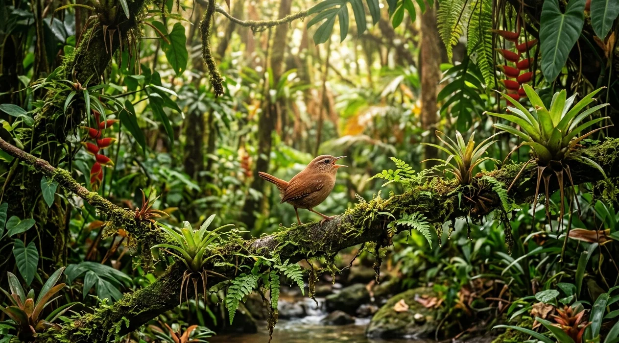 Fotografia digital em plano médio detalhando um pequeno pássaro uirapuru de plumagem marrom-avermelhada, pousado em um galho horizontal robusto e coberto de musgo verde. O pássaro está de perfil, com o bico aberto como se estivesse cantando. O galho atravessa a imagem diagonalmente sobre um riacho calmo que corre ao fundo. O cenário é uma densa floresta tropical, com vegetação rica composta por samambaias, bromélias verdes e avermelhadas fixadas nos troncos, e folhas largas iluminadas por feixes suaves de luz solar que filtram através da copa das árvores. A atmosfera é serena e mística.