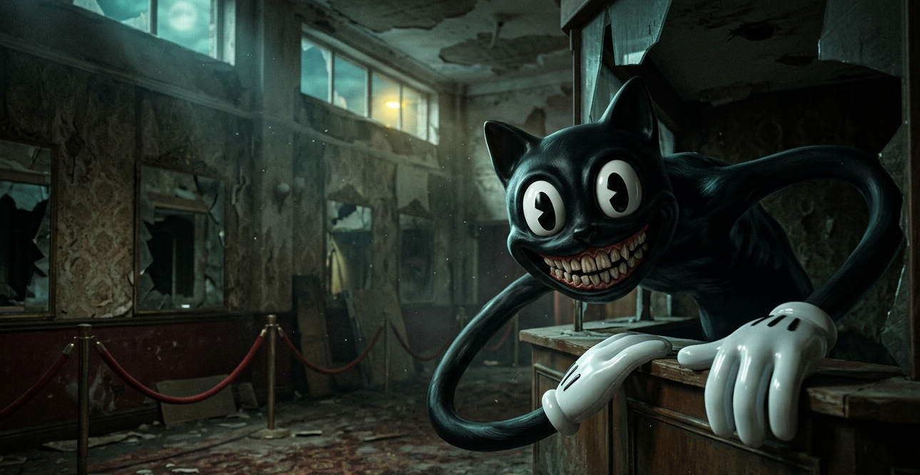 Imagem ilustrativa do personagem Cartoon Cat em ambiente escuro e assustador.