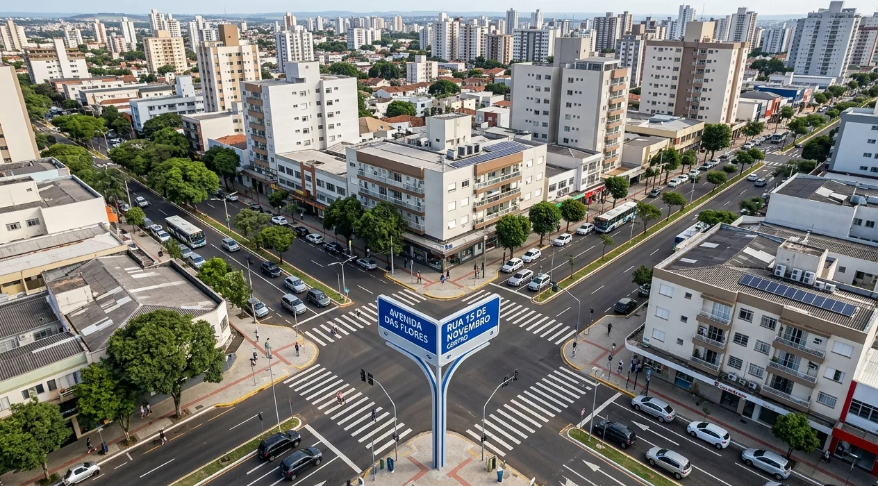 Vista aérea de um cruzamento de ruas urbanas com linhas simétricas, ilustrando o conceito de logradouro público.