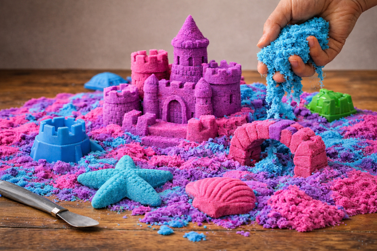 Imagem horizontal de areia cinética colorida em tons de rosa, azul e roxo sobre uma superfície de madeira. No centro, um castelo detalhado feito de areia roxa. À direita, uma mão deixa escorrer areia azul, destacando a textura maleável do material.