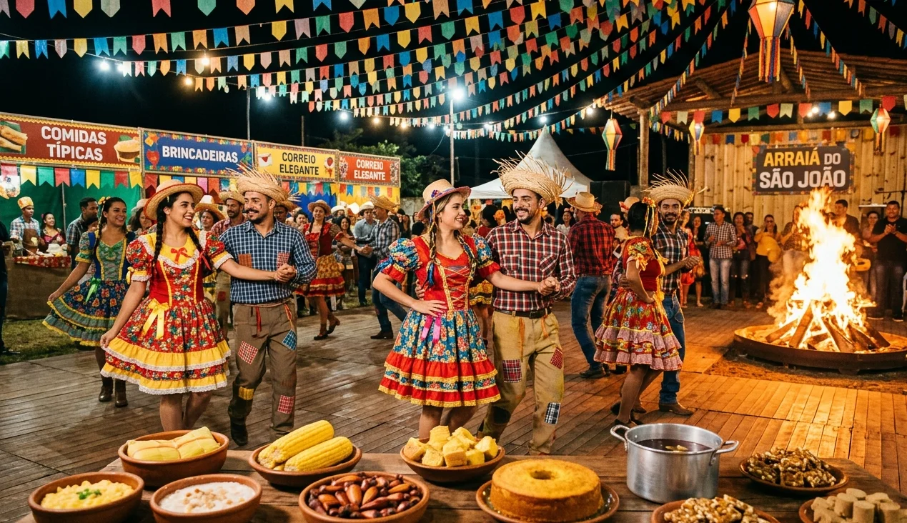 Pessoas dançando quadrilha de festa junina ao redor de uma fogueira, com bandeirinhas coloridas e mesa de comidas típicas.