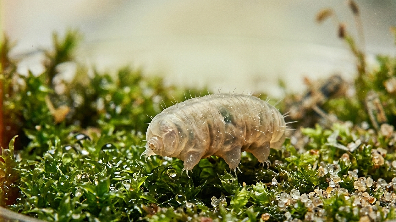Uma imagem de destaque microscópica em close-up de um tardígrado (urso-d'água) transparente e peludo, rastejando sobre musgo verde vibrante e úmido e grãos de areia minúsculos. O animal tem oito patas e garras visíveis, e seu corpo parece segmentado e resiliente. O fundo é suavemente desfocado.