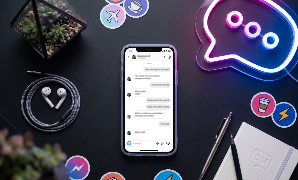 Smartphone exibindo direct do Instagram com iluminação neon, ilustrando as melhores cantadas para usar no Instagram.