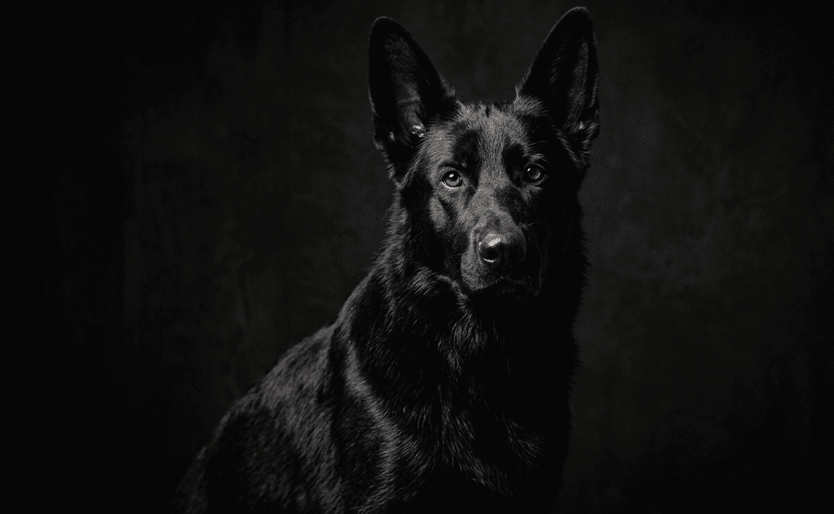 Lindo cachorro preto em estúdio diante de um fundo escuro com pelos brilhantes