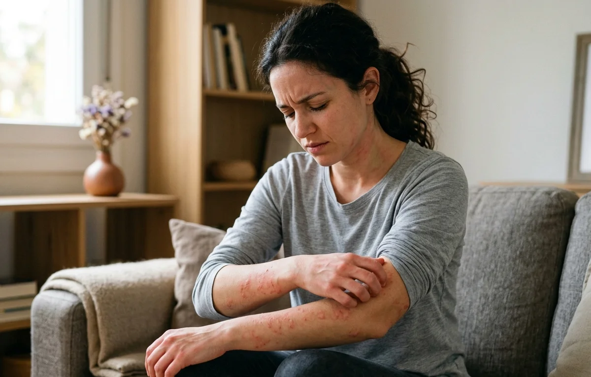 Mulher com desconforto e angústia enquanto coça o antebraço esquerdo, que apresenta placas vermelhas e irritações cutâneas visíveis, semelhantes a uma reação de alergia emocional.