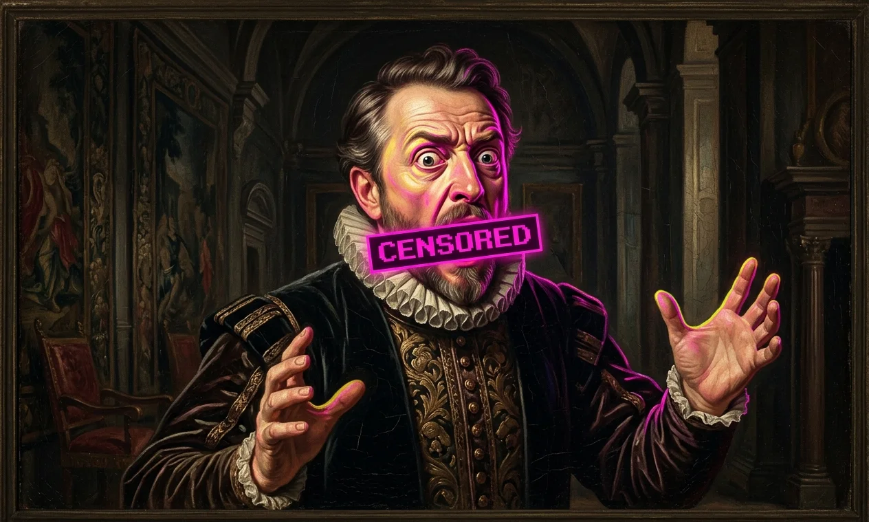 Pintura clássica de nobre chocado, com detalhes em cores contrastantes. Ilustração sobre a história dos xingamentos antigos.