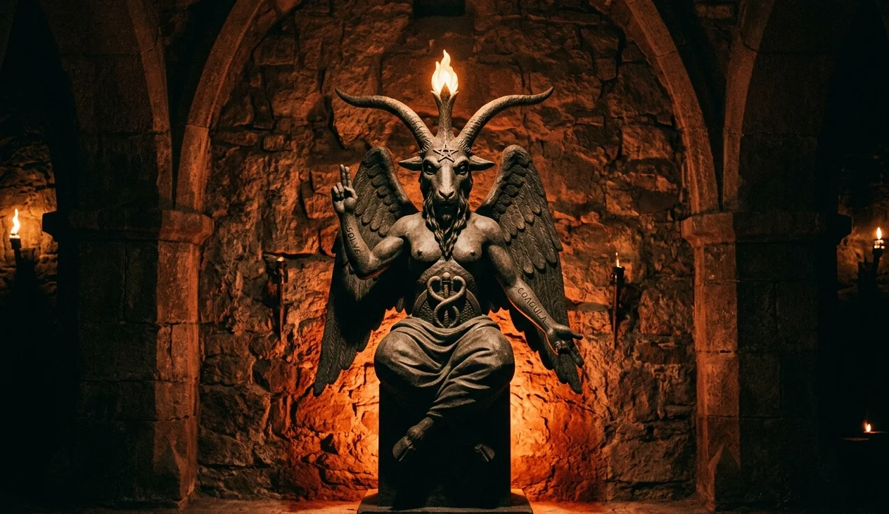 Silhueta iluminada de Baphomet em fundo escuro de pedra, destacando os chifres e asas do símbolo ocultista.