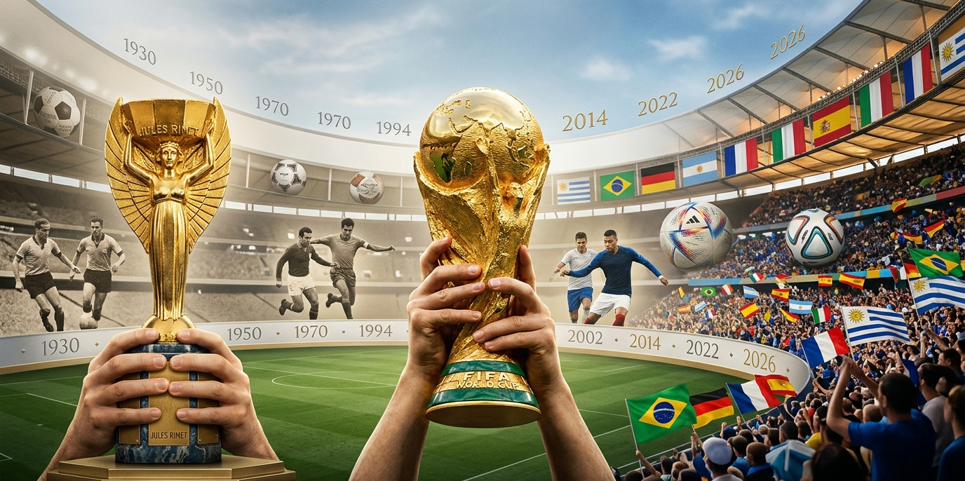 Uma imagem horizontal panorâmica e artística celebrando a história da Copa do Mundo FIFA. À esquerda, mãos erguem a taça original Jules Rimet (1930-1970); ao centro e à direita, outras mãos erguem a taça dourada atual. O fundo é um estádio moderno com uma linha do tempo sutil marcada com anos históricos (1930, 1958, 1970, 1994, 2002, 2026), silhuetas de jogadores lendários celebrando e uma multidão vibrante com bandeiras de diversas nações campeãs.