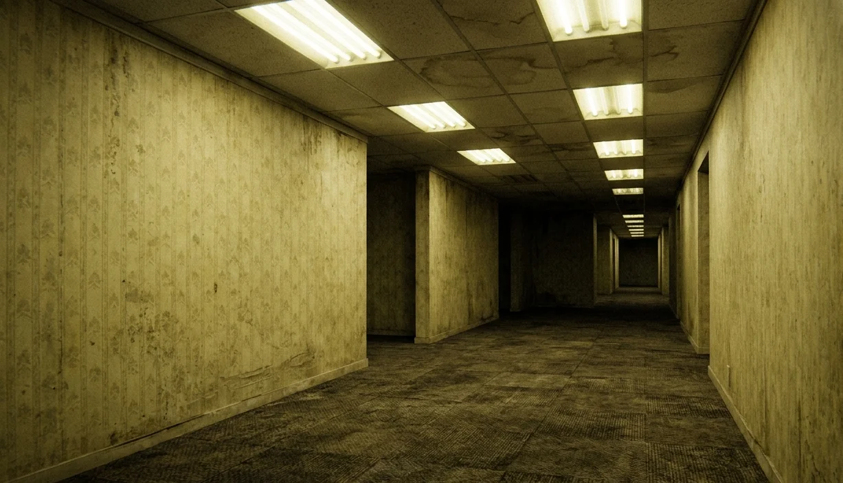 Fotografia em perspectiva de um corredor infinito e vazio das Backrooms. O ambiente exibe paredes com papel de parede amarelado e desgastado, carpete escuro e manchado no chão, e lâmpadas fluorescentes tubulares no teto que iluminam o espaço com uma luz amarela e doentia.