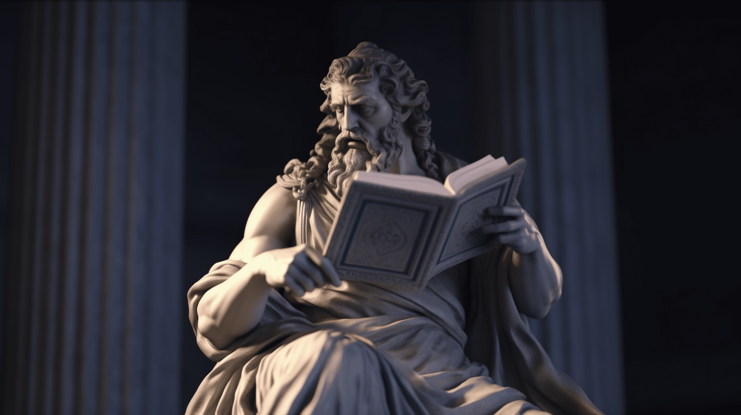 Zeus lendo livros de mitologia