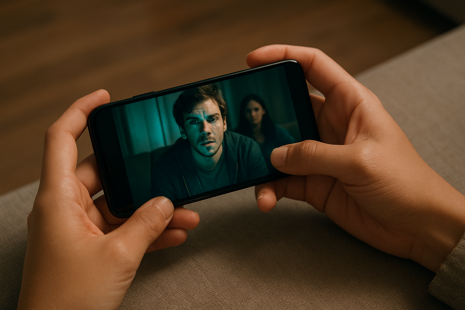 Mãos de pessoa segurando o celular enquanto assiste a streaming.