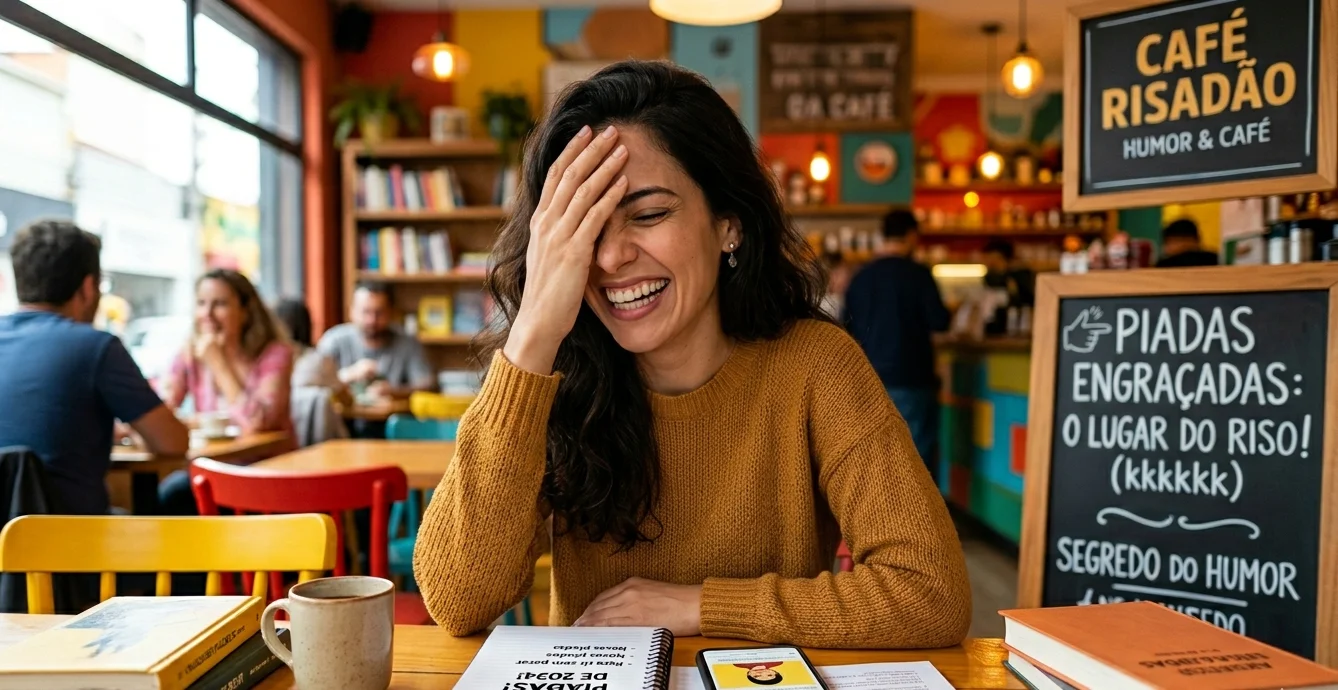 Close de pessoa fazendo um facepalm e sorrindo constrangida, ilustrando post de piadas ruins e muito engraçadas.