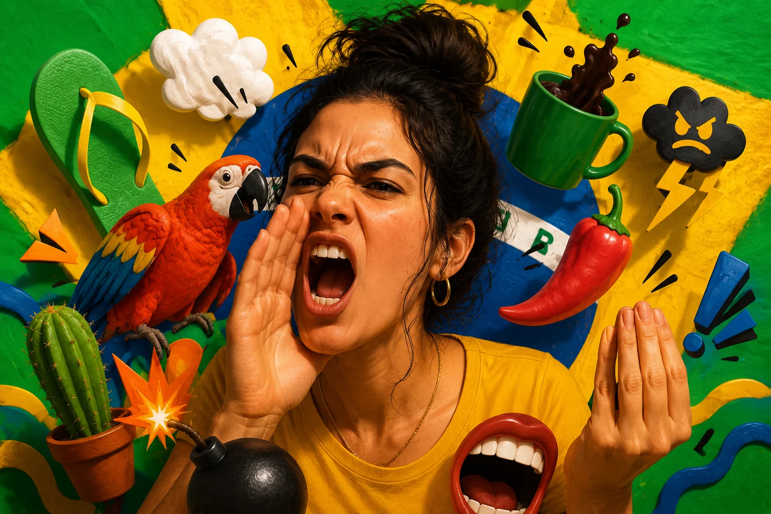 Ilustração vibrante de mulher gritando cercada por elementos brasileiros coloridos em estilo pop art.