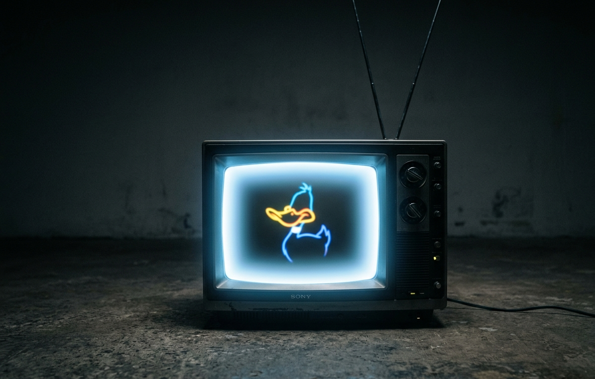 Televisão antiga de tubo com brilho na tela em fundo escuro, representando a nostalgia de desenhos animados antigos.