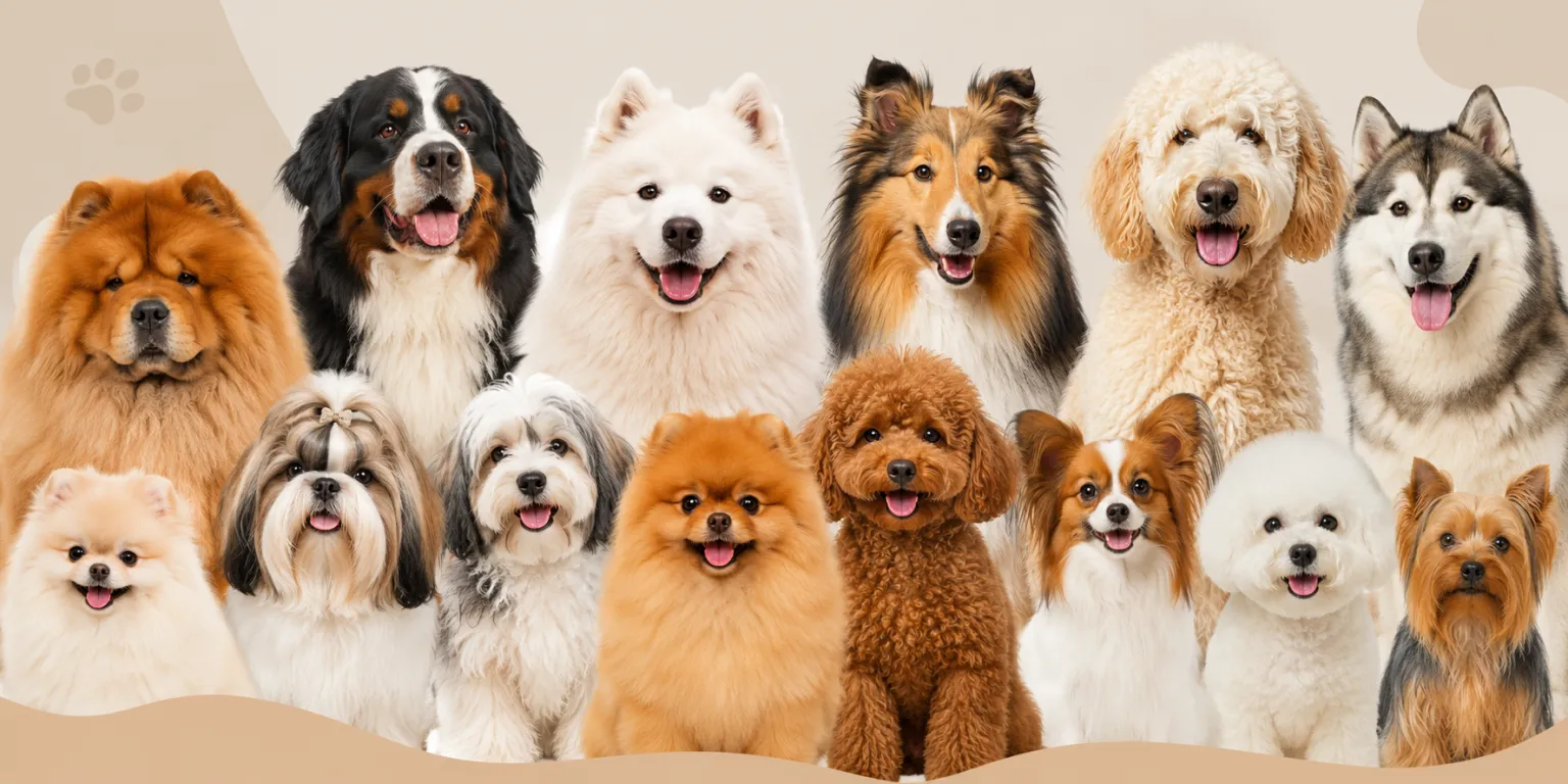 Grupo de cachorros peludos de diferentes raças posando juntos em fundo claro, incluindo chow chow, husky, poodle, spitz alemão e shih-tzu, em uma composição fofa e alegre.