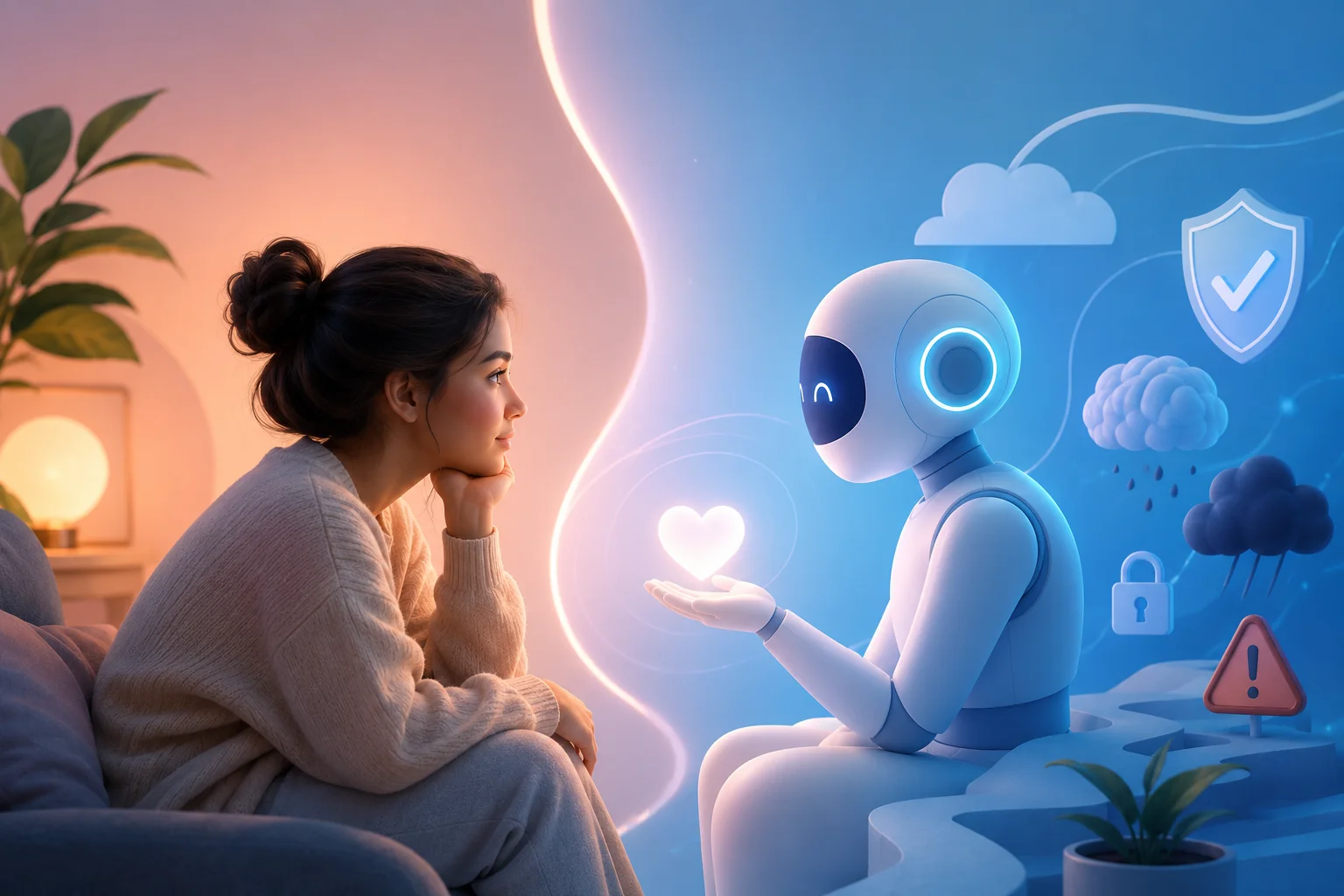Mulher sentada confortavelmente em uma sala acolhedora conversa com um robô de aparência amigável em um cenário dividido entre elementos humanos e tecnológicos. Entre eles, um coração luminoso simboliza apoio emocional, enquanto ícones discretos de segurança, privacidade e bem-estar aparecem ao fundo, representando os benefícios e os cuidados no uso de inteligência artificial para suporte emocional.