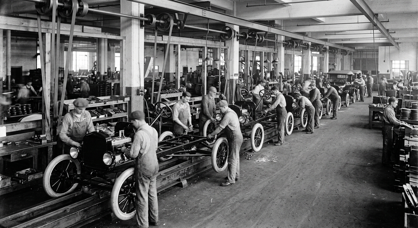Fotografia em preto e branco do início do século XX mostrando uma linha de montagem industrial em uma fábrica de automóveis.